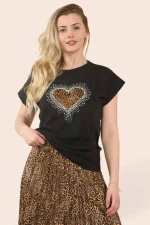 Crystal Embellished Leopard Heart T-Shirt (2P.PACK - S/M L/XL)