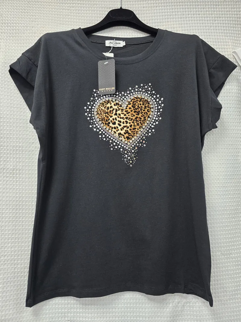 Crystal Embellished Leopard Heart T-Shirt (2P.PACK - S/M L/XL)