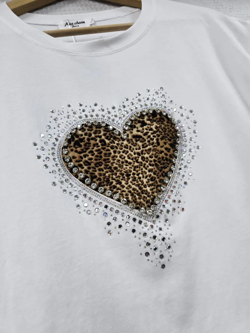 Crystal Embellished Leopard Heart T-Shirt (2P.PACK - S/M L/XL)