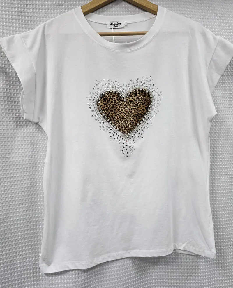 Crystal Embellished Leopard Heart T-Shirt (2P.PACK - S/M L/XL)