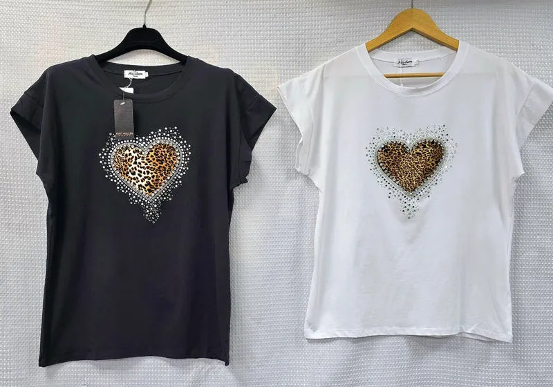 Crystal Embellished Leopard Heart T-Shirt (2P.PACK - S/M L/XL)