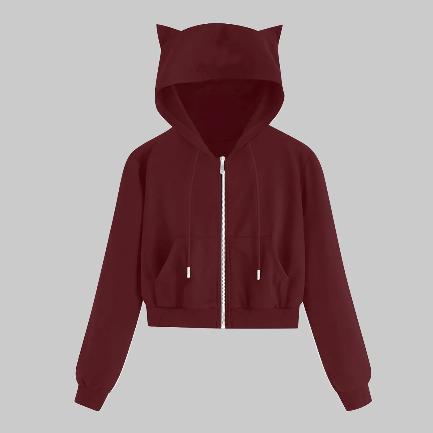 Cute Cat Ear Hoodies for Women Teen Girls Y2K Crop Tops Zip Up Long Sleeve Drawstring Hooded Jackets with Pockets