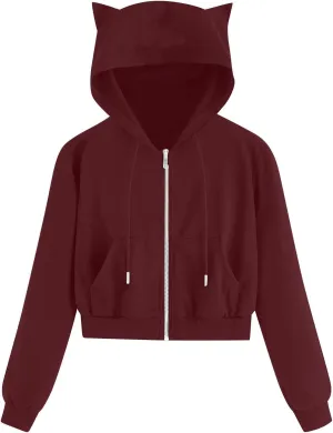 Cute Cat Ear Hoodies for Women Teen Girls Y2K Crop Tops Zip Up Long Sleeve Drawstring Hooded Jackets with Pockets