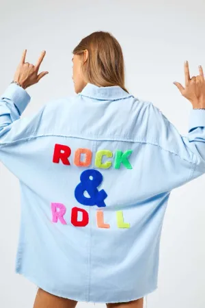 Davi & Dani Multi Color Rock & Roll Logo Fringed Hem Shirt