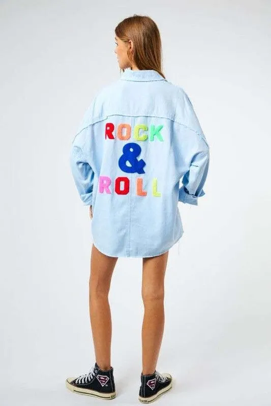 Davi & Dani Multi Color Rock & Roll Logo Fringed Hem Shirt