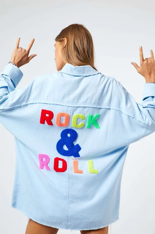 Davi & Dani Multi Color Rock & Roll Logo Fringed Hem Shirt