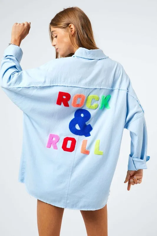 Davi & Dani Multi Color Rock & Roll Logo Fringed Hem Shirt
