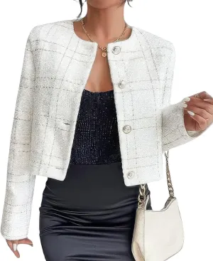 ebossy Women's Collarless Plaid Tweed Blazer Elegant Open Front Button Down Casual Business Glitter Jacket