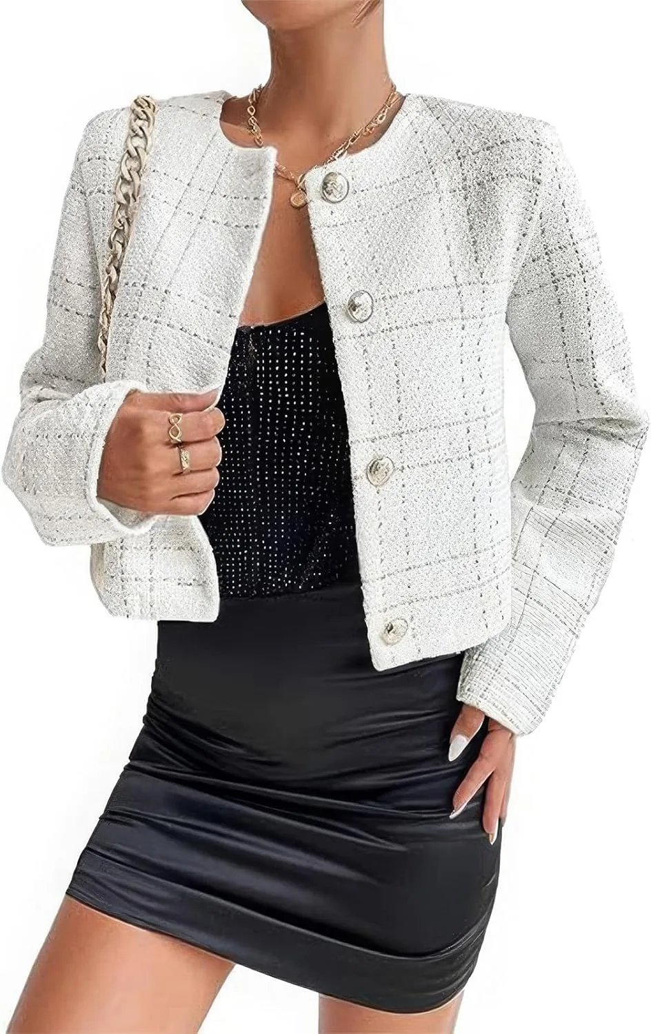 ebossy Women's Collarless Plaid Tweed Blazer Elegant Open Front Button Down Casual Business Glitter Jacket