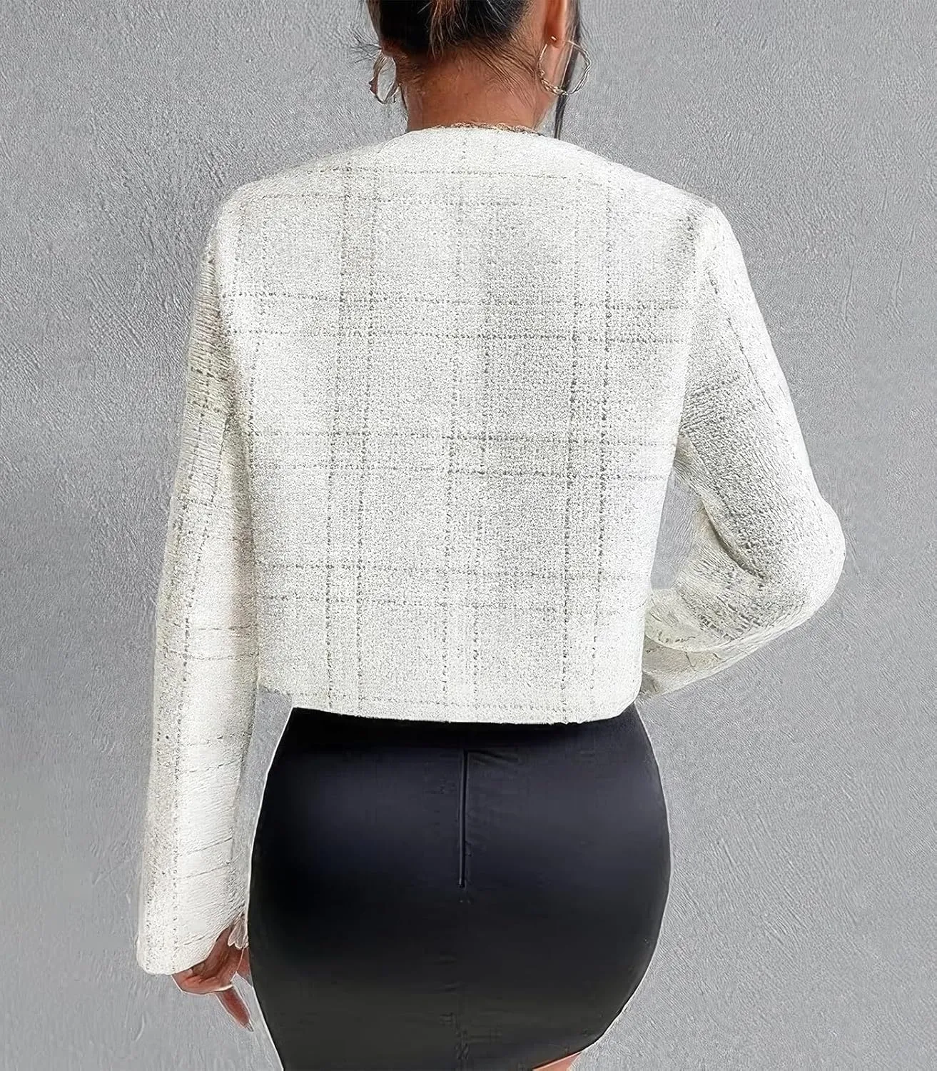 ebossy Women's Collarless Plaid Tweed Blazer Elegant Open Front Button Down Casual Business Glitter Jacket