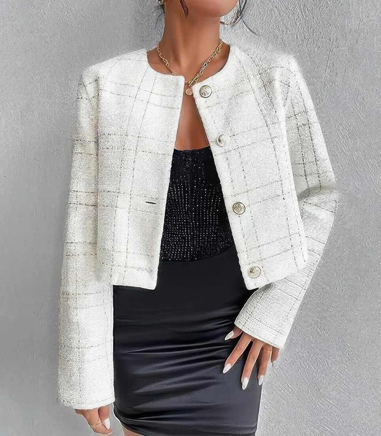 ebossy Women's Collarless Plaid Tweed Blazer Elegant Open Front Button Down Casual Business Glitter Jacket