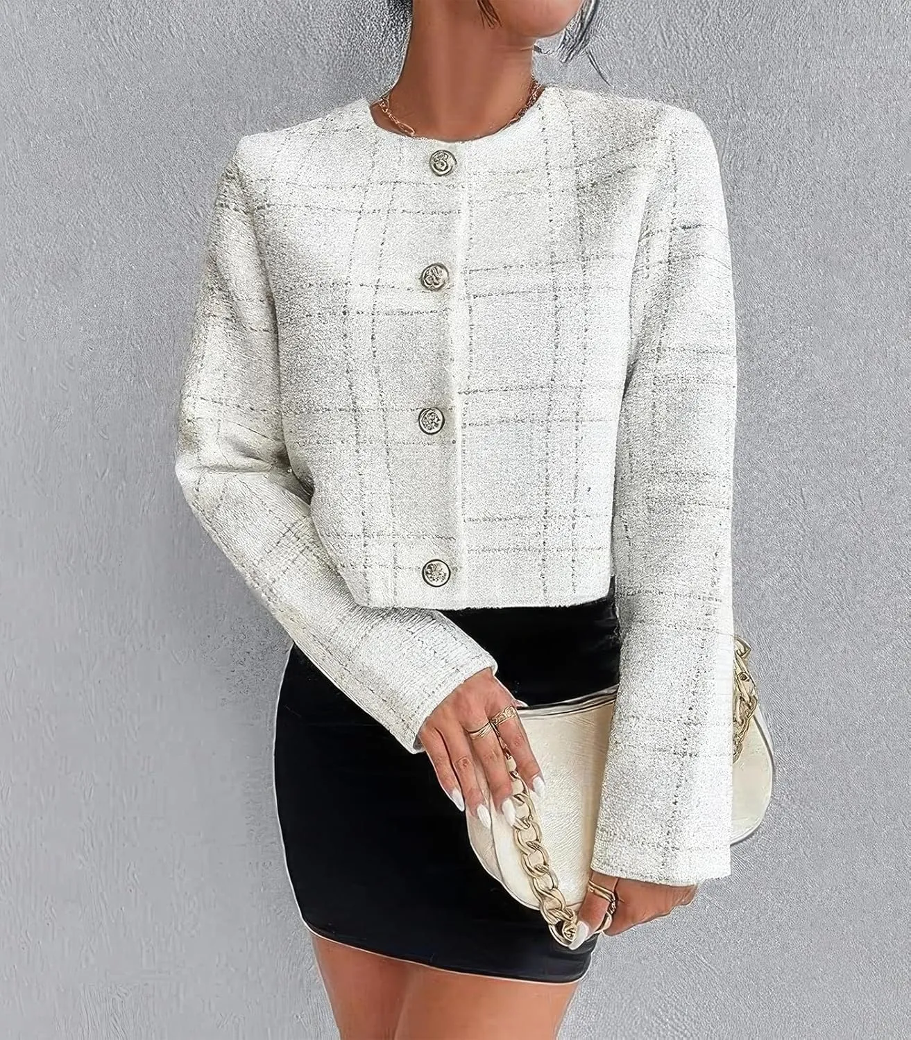 ebossy Women's Collarless Plaid Tweed Blazer Elegant Open Front Button Down Casual Business Glitter Jacket