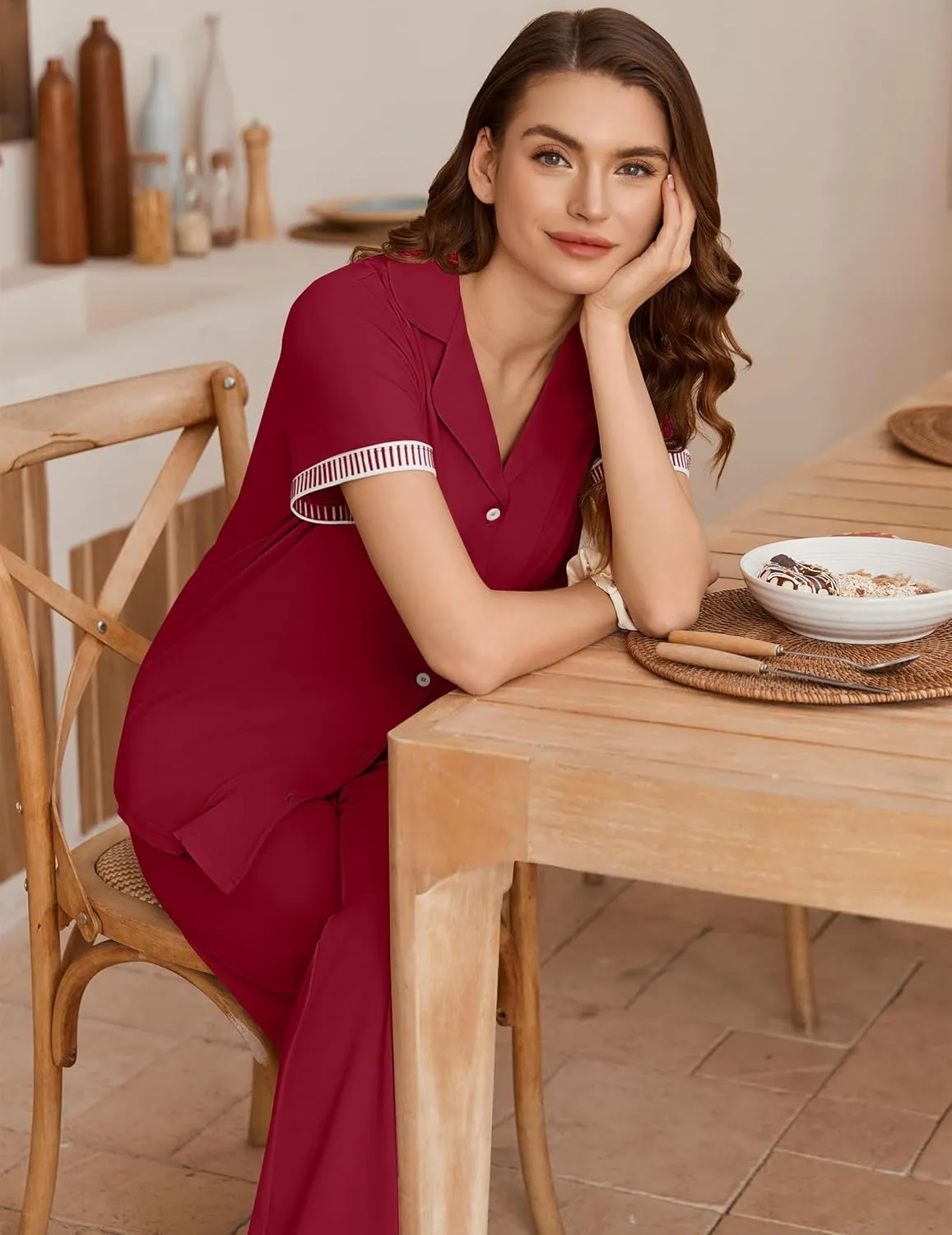 Ekouaer Womens Pajama Sets Short Sleeve Button Up Pjs, Chic Contrast Trim, Long Pants with Pockets,Soft Loungewear Set S-XXL