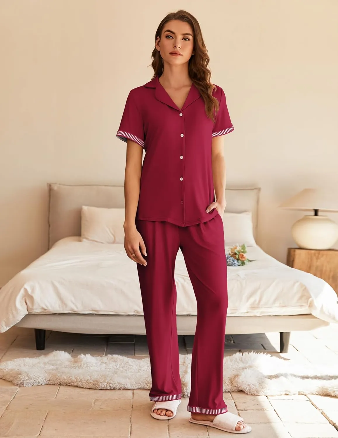 Ekouaer Womens Pajama Sets Short Sleeve Button Up Pjs, Chic Contrast Trim, Long Pants with Pockets,Soft Loungewear Set S-XXL