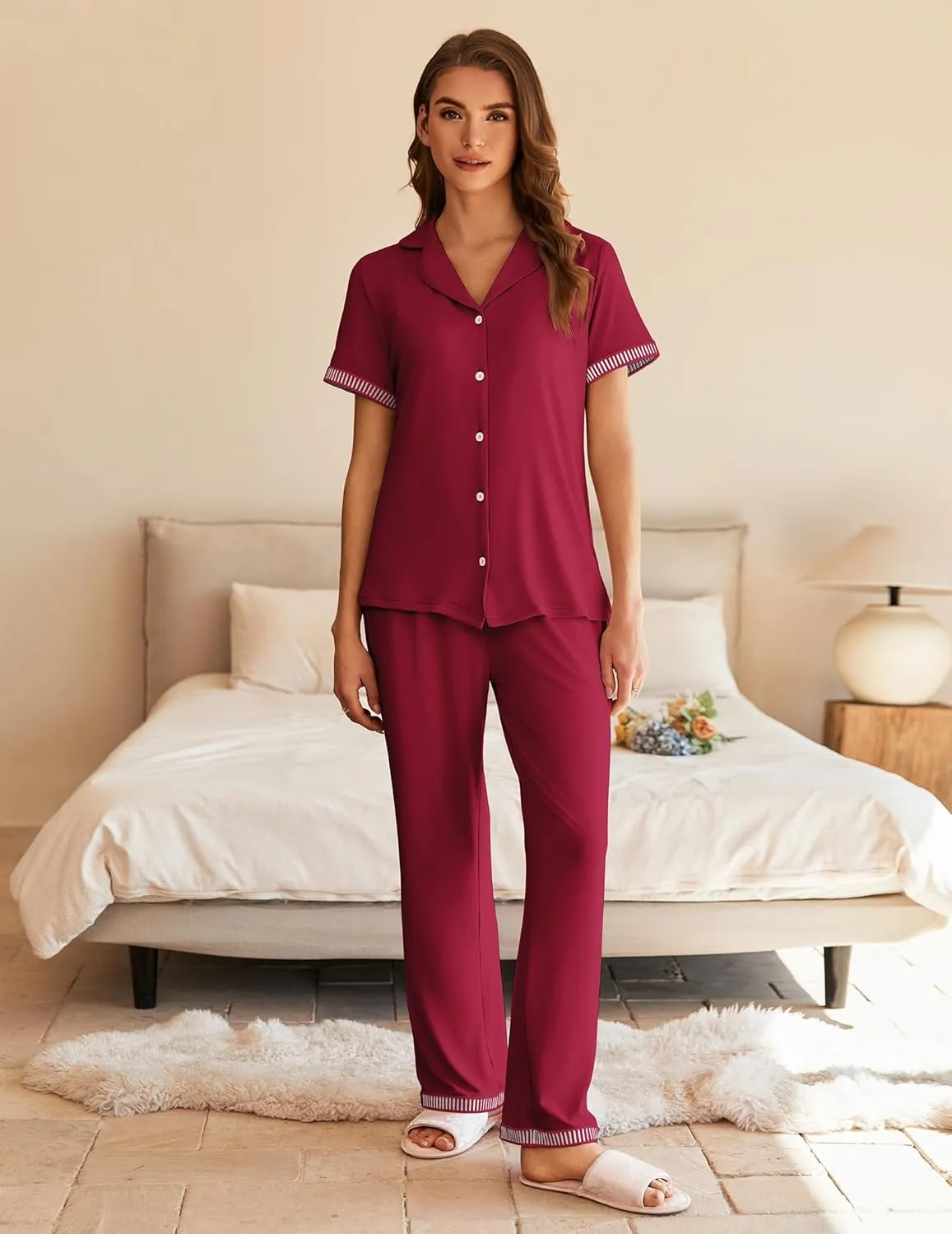 Ekouaer Womens Pajama Sets Short Sleeve Button Up Pjs, Chic Contrast Trim, Long Pants with Pockets,Soft Loungewear Set S-XXL