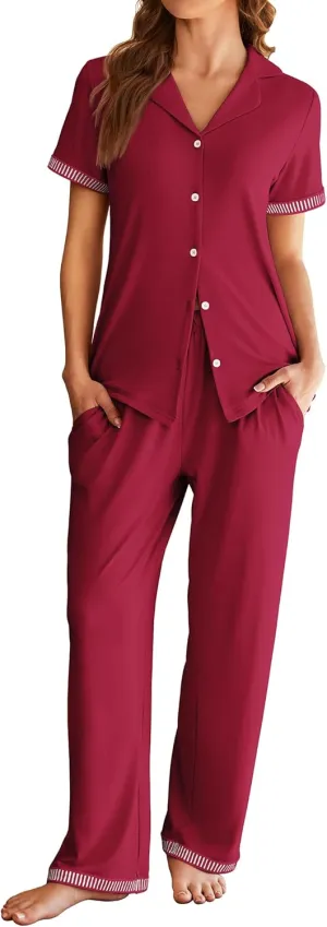 Ekouaer Womens Pajama Sets Short Sleeve Button Up Pjs, Chic Contrast Trim, Long Pants with Pockets,Soft Loungewear Set S-XXL