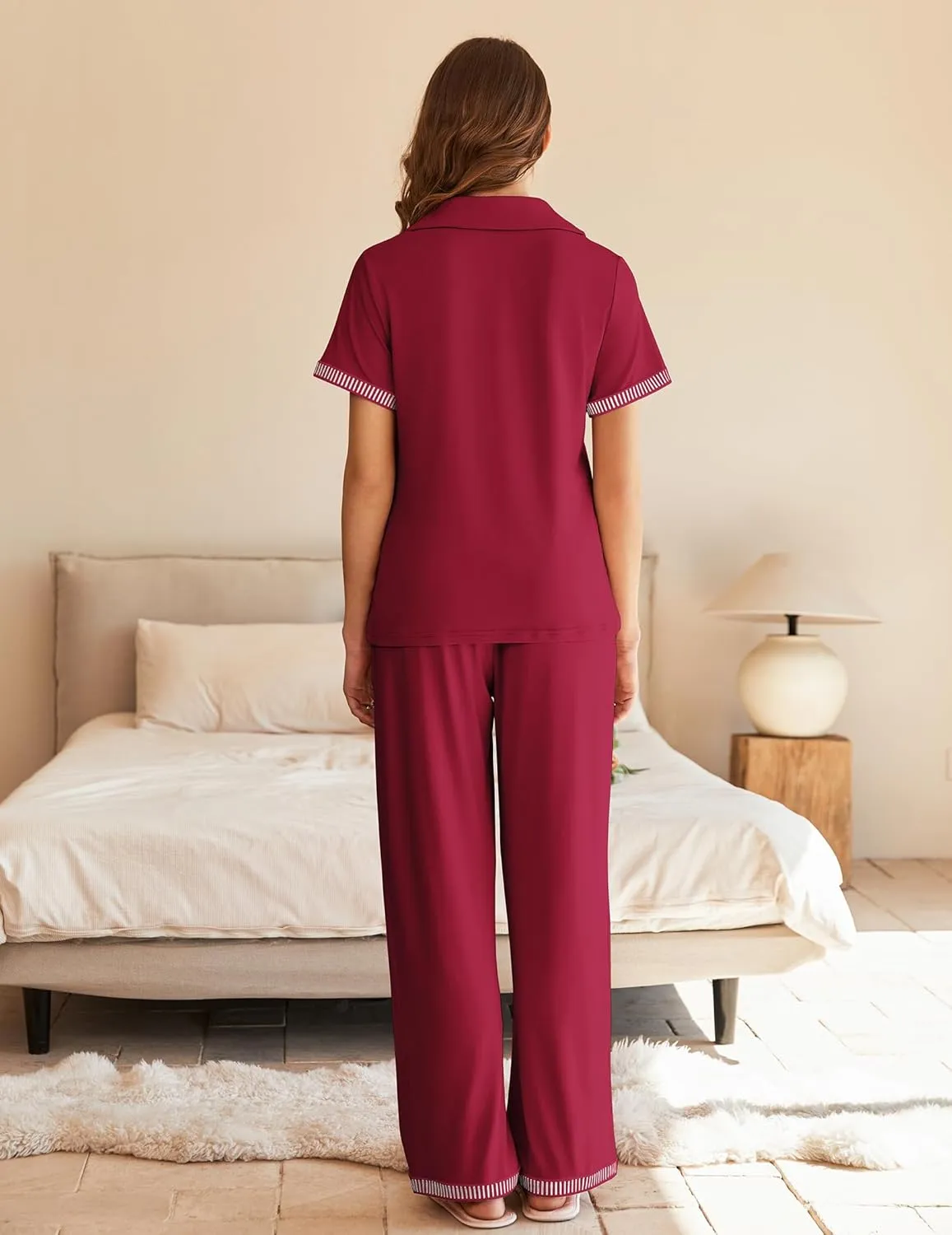 Ekouaer Womens Pajama Sets Short Sleeve Button Up Pjs, Chic Contrast Trim, Long Pants with Pockets,Soft Loungewear Set S-XXL