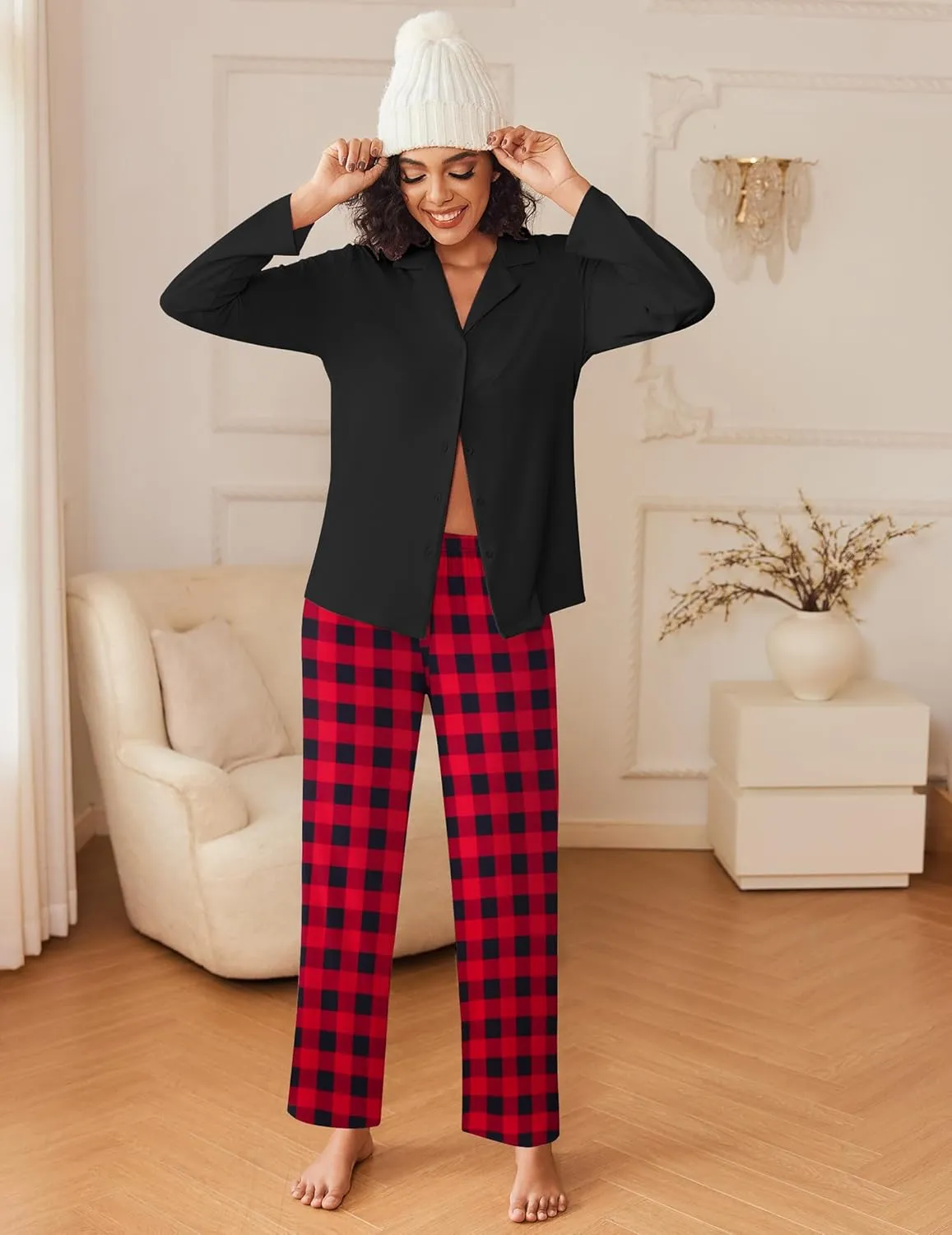 Ekouaer Women's Pajamas Sets Button Down Long Sleeve Lounge Sets Soft 2 Piece Pants Sleepwear