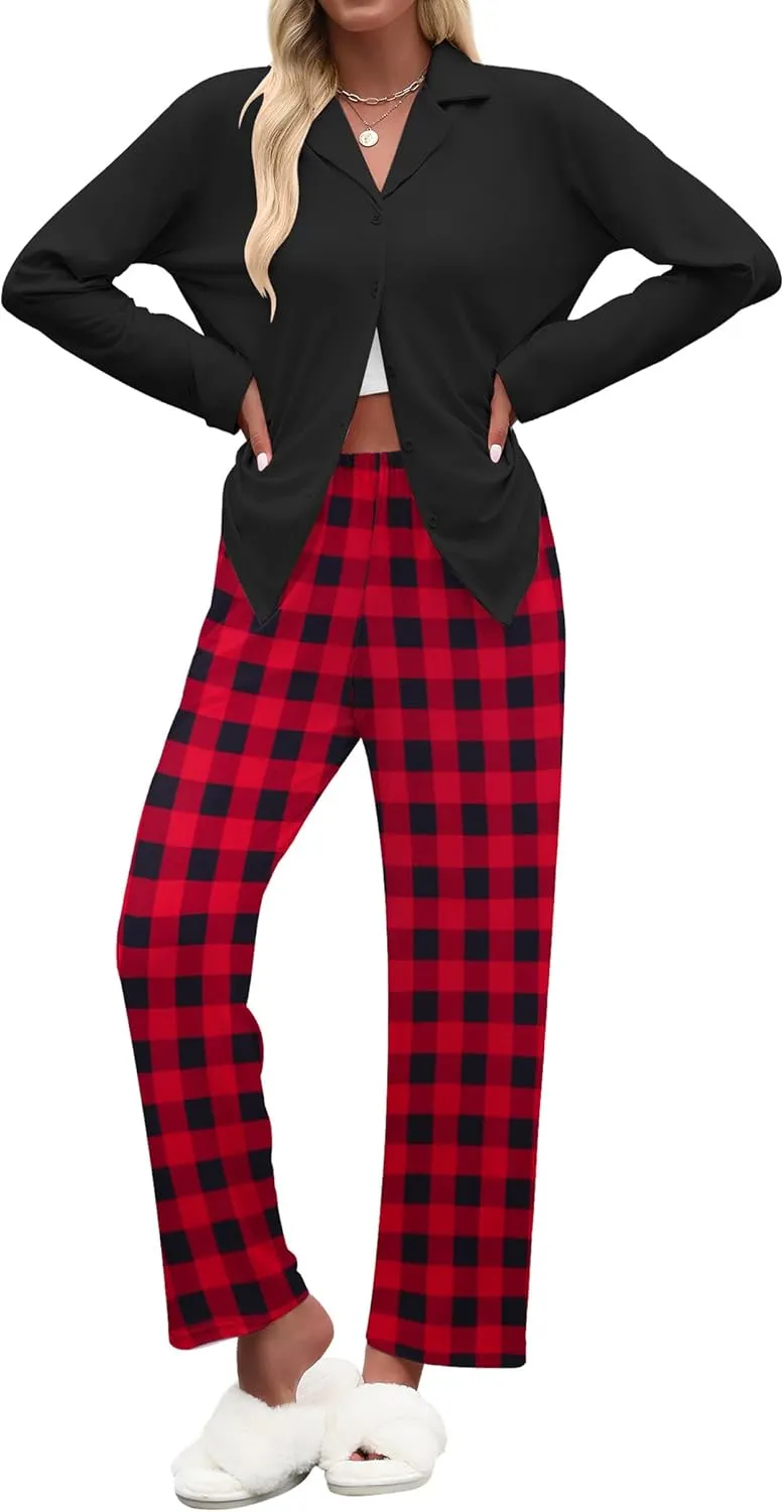 Ekouaer Women's Pajamas Sets Button Down Long Sleeve Lounge Sets Soft 2 Piece Pants Sleepwear