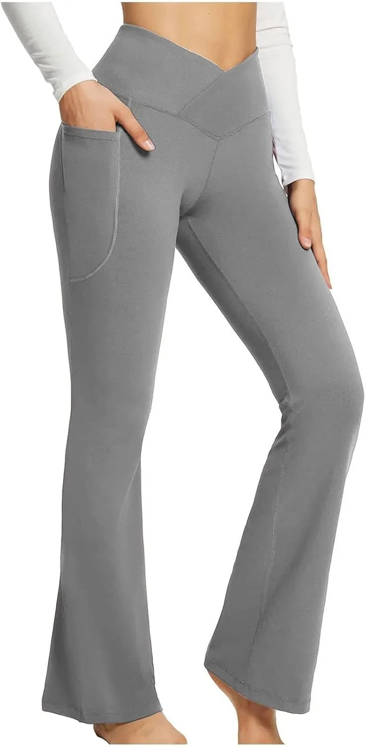 Flare Leggings With Pockets For Women High Waist Casual Workout Bell Bottom Pant Soft Yoga Wide Leg Bootcut Trouser