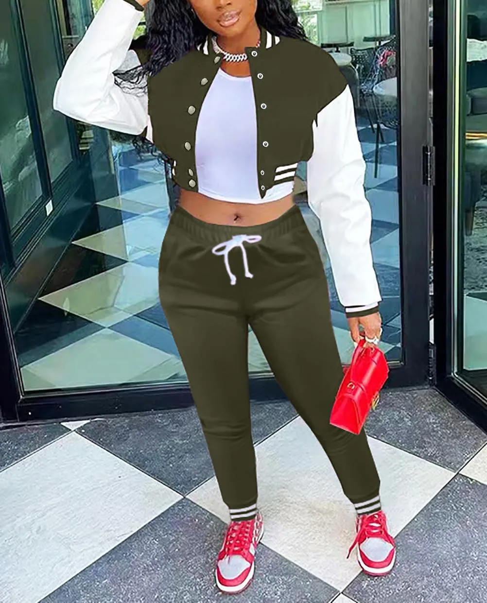 Fooullaide Women's Varsity Jacket Sweatsuit 2 Piece Tracksuit Crop Top Button Down Letterman Jackets Pants Sets
