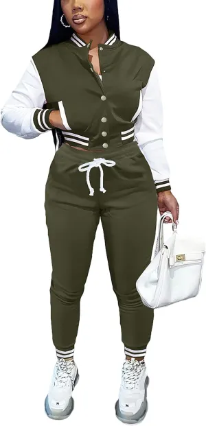 Fooullaide Women's Varsity Jacket Sweatsuit 2 Piece Tracksuit Crop Top Button Down Letterman Jackets Pants Sets