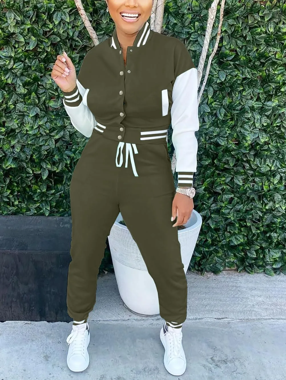 Fooullaide Women's Varsity Jacket Sweatsuit 2 Piece Tracksuit Crop Top Button Down Letterman Jackets Pants Sets