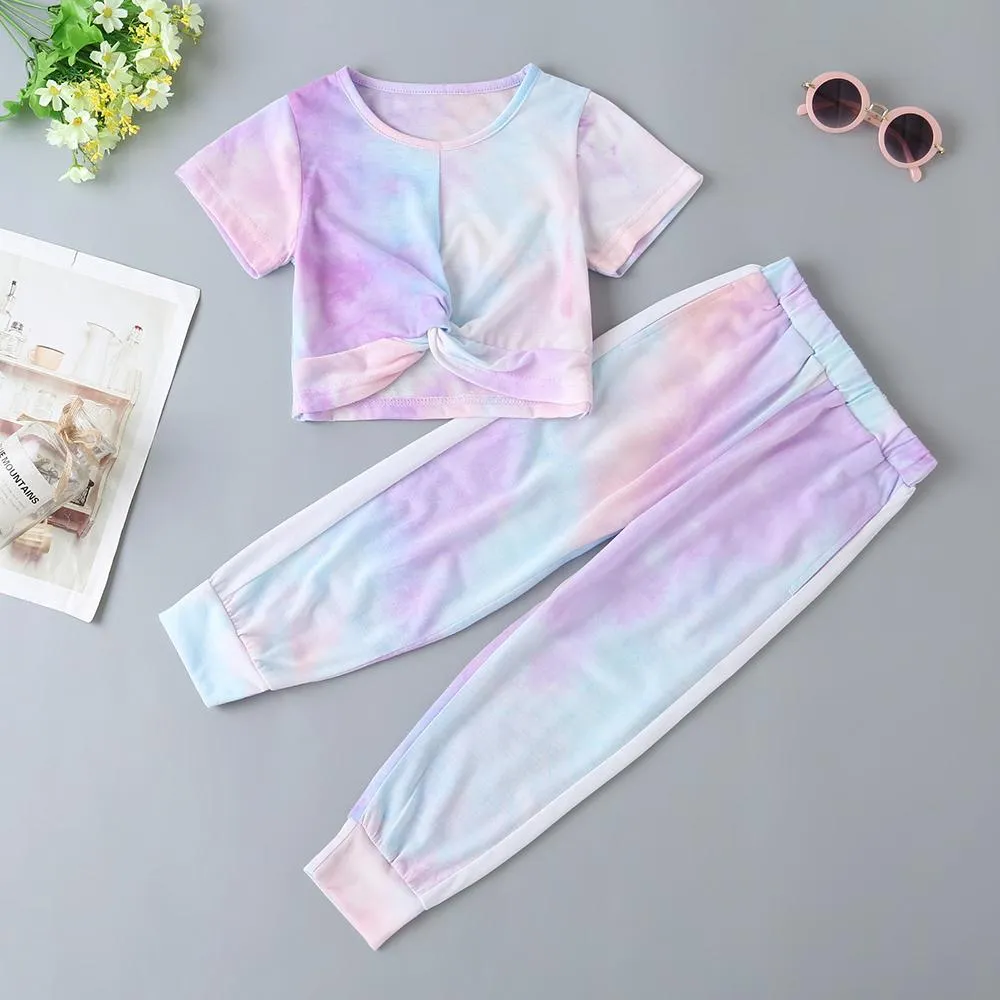 Girls Soft Tie-dye Short Sleeve Top & Pants