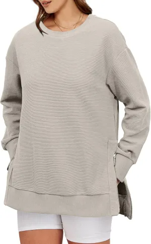 Glamaker Womens Oversized Sweatshirts Crewneck Side Zipper Pollover Long Sleeve Hoodie Sweaters 2024 Fall Clothes