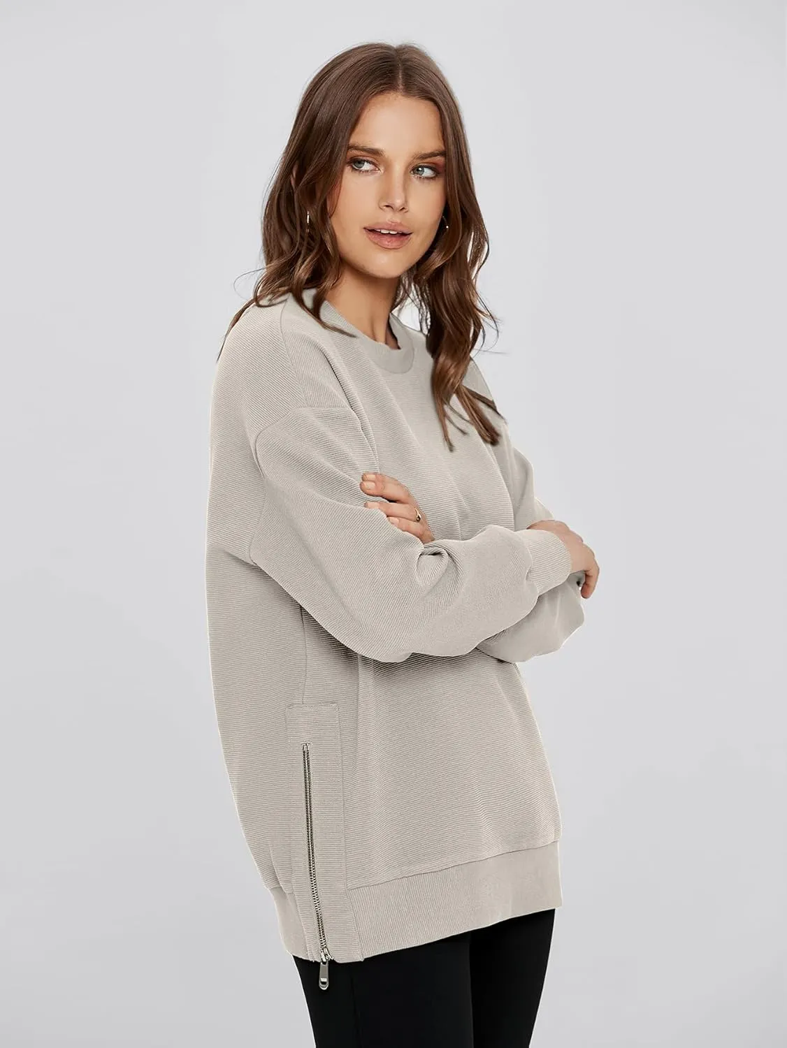 Glamaker Womens Oversized Sweatshirts Crewneck Side Zipper Pollover Long Sleeve Hoodie Sweaters 2024 Fall Clothes