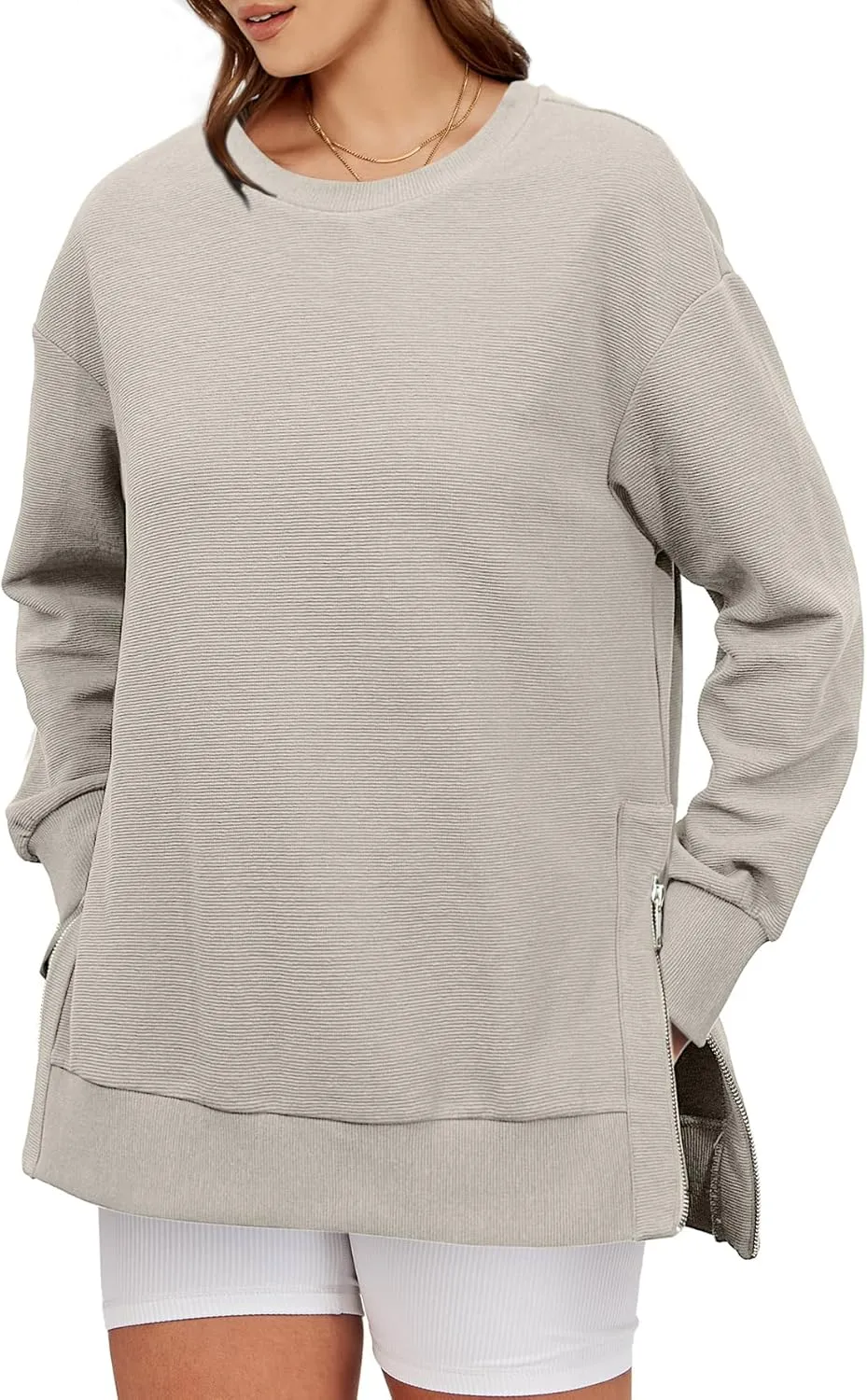 Glamaker Womens Oversized Sweatshirts Crewneck Side Zipper Pollover Long Sleeve Hoodie Sweaters 2024 Fall Clothes