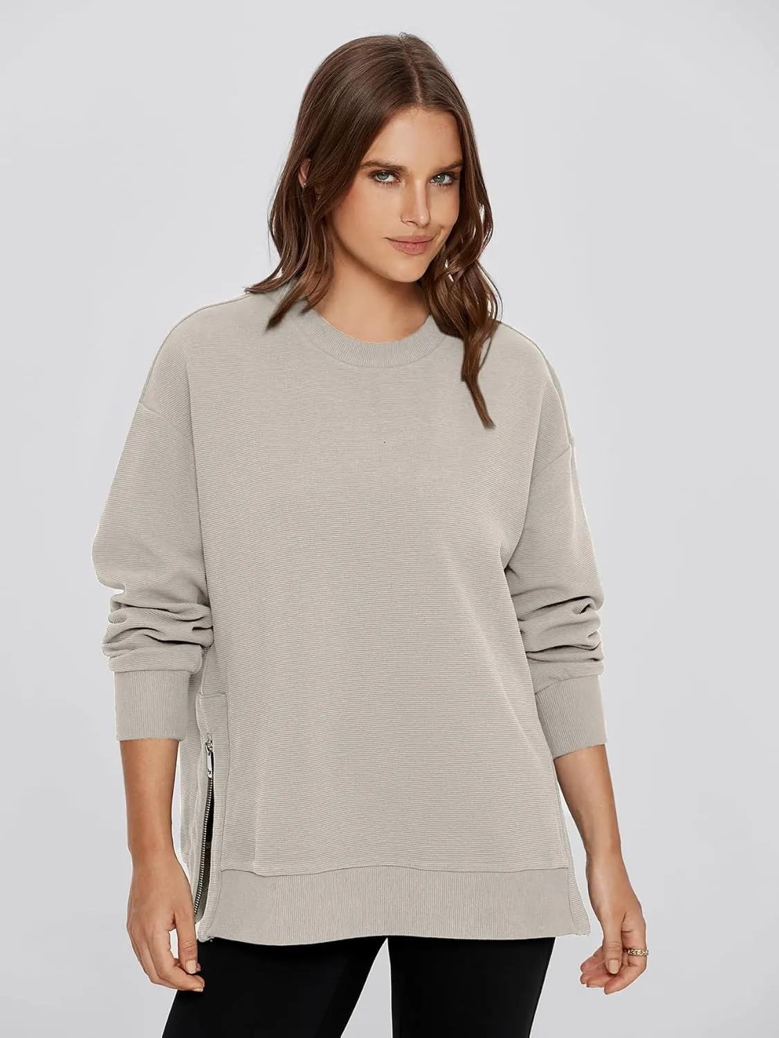 Glamaker Womens Oversized Sweatshirts Crewneck Side Zipper Pollover Long Sleeve Hoodie Sweaters 2024 Fall Clothes