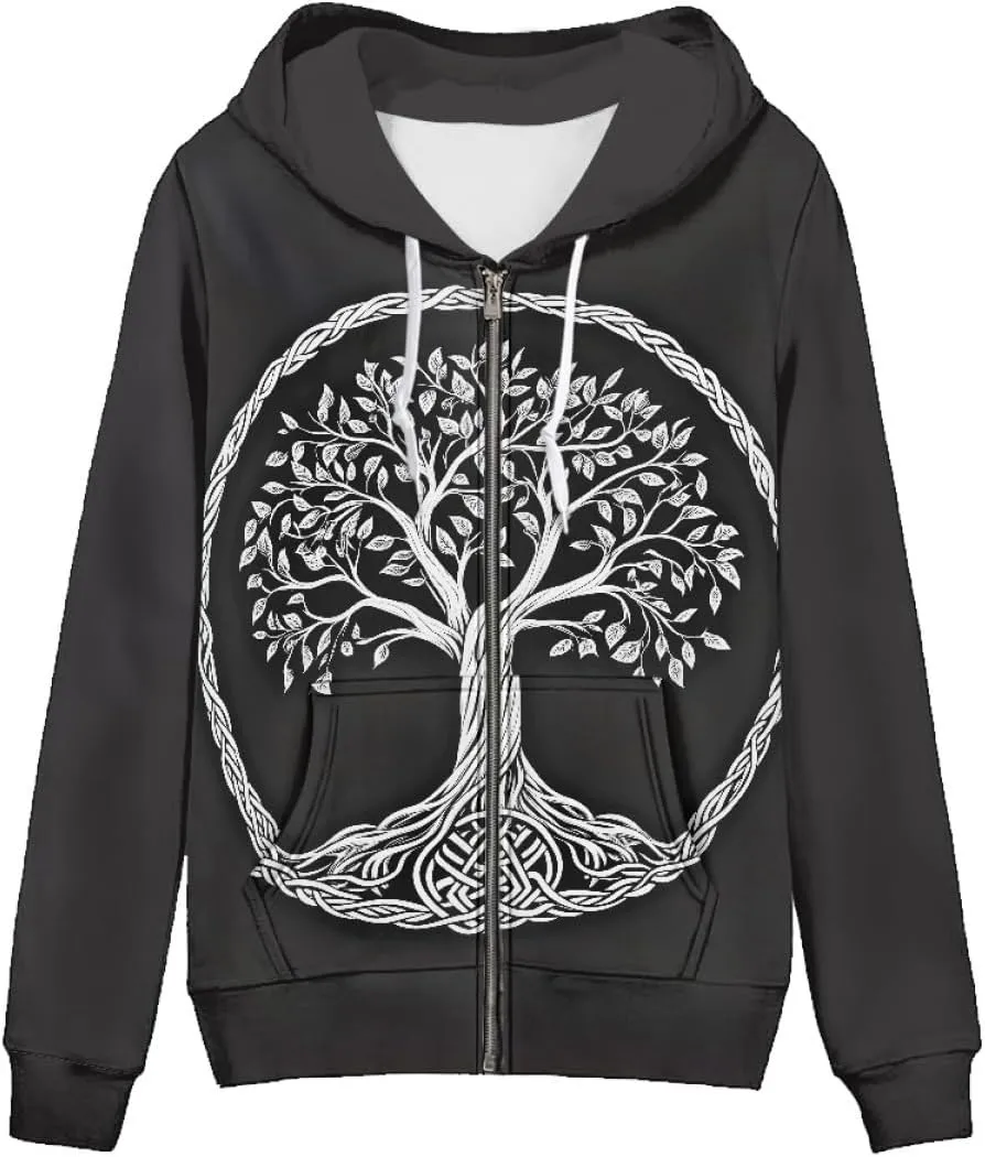 GLUDEAR Women Life Tree Graphic Print Zip Up Hoodies Novelty Viking Long Sleeve Hooded Sweatshirts Oversized Jackets