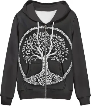 GLUDEAR Women Life Tree Graphic Print Zip Up Hoodies Novelty Viking Long Sleeve Hooded Sweatshirts Oversized Jackets