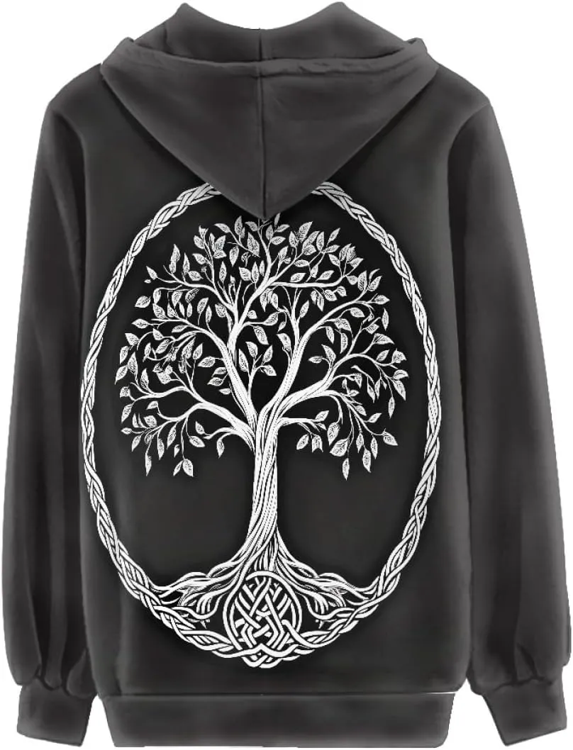 GLUDEAR Women Life Tree Graphic Print Zip Up Hoodies Novelty Viking Long Sleeve Hooded Sweatshirts Oversized Jackets