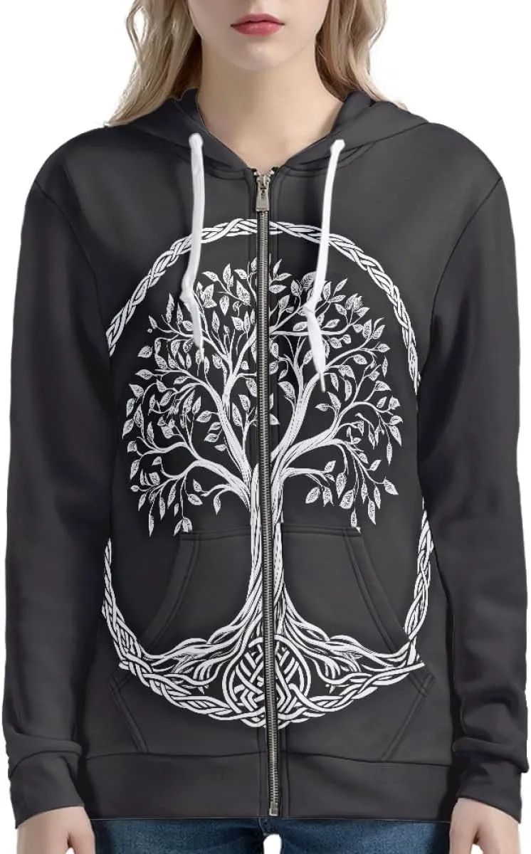 GLUDEAR Women Life Tree Graphic Print Zip Up Hoodies Novelty Viking Long Sleeve Hooded Sweatshirts Oversized Jackets