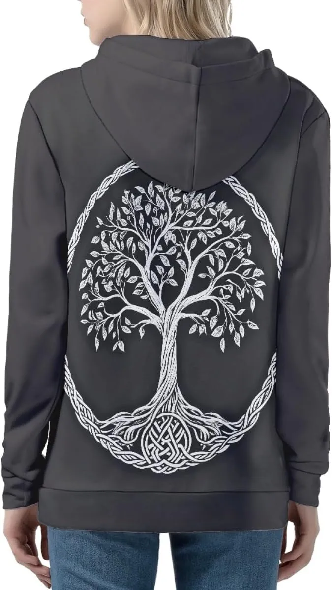 GLUDEAR Women Life Tree Graphic Print Zip Up Hoodies Novelty Viking Long Sleeve Hooded Sweatshirts Oversized Jackets