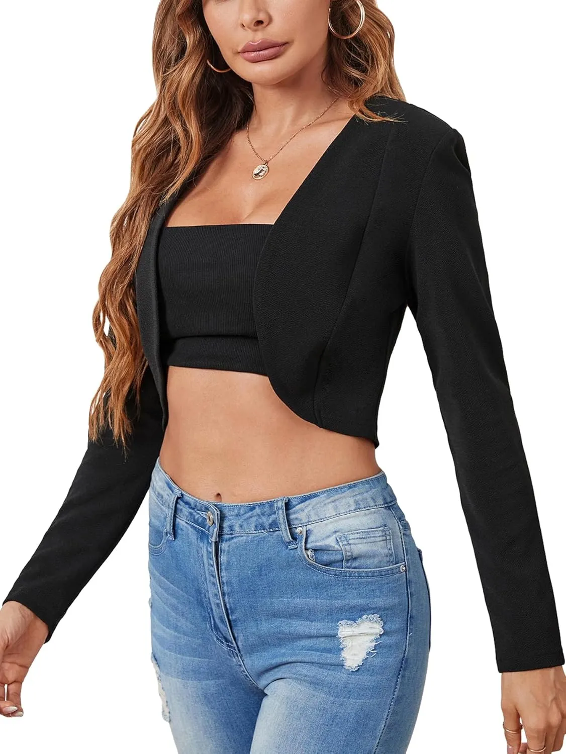 GORGLITTER Women's Open Front Crop Blazer Long Sleeve Jacket Coat