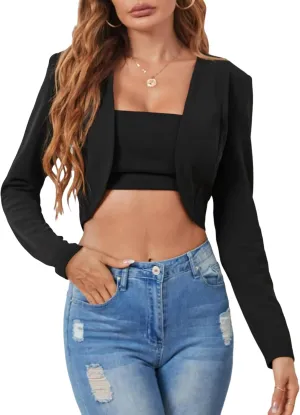 GORGLITTER Women's Open Front Crop Blazer Long Sleeve Jacket Coat