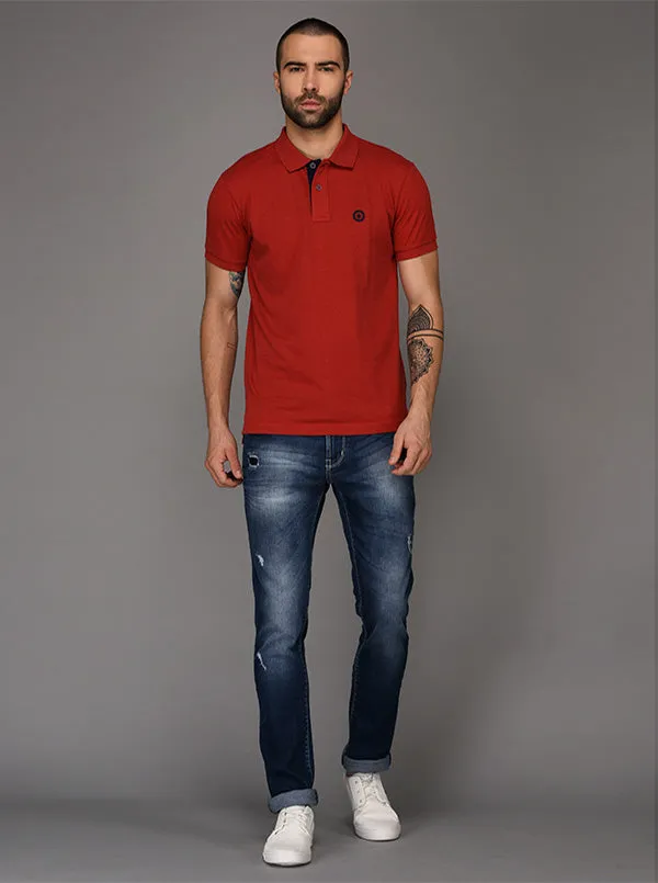 Greenfibre Dark Red Melange Slim Fit Polo T-Shirt