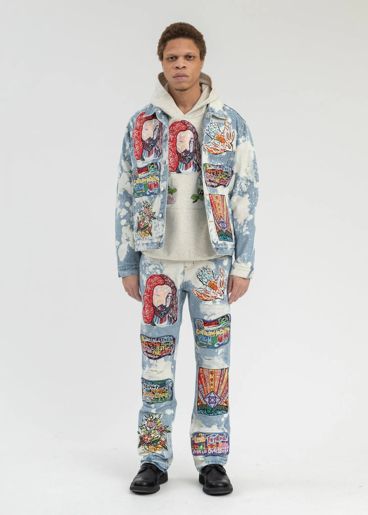 GREY EMBROIDERY PATCHWORK  HOODIES