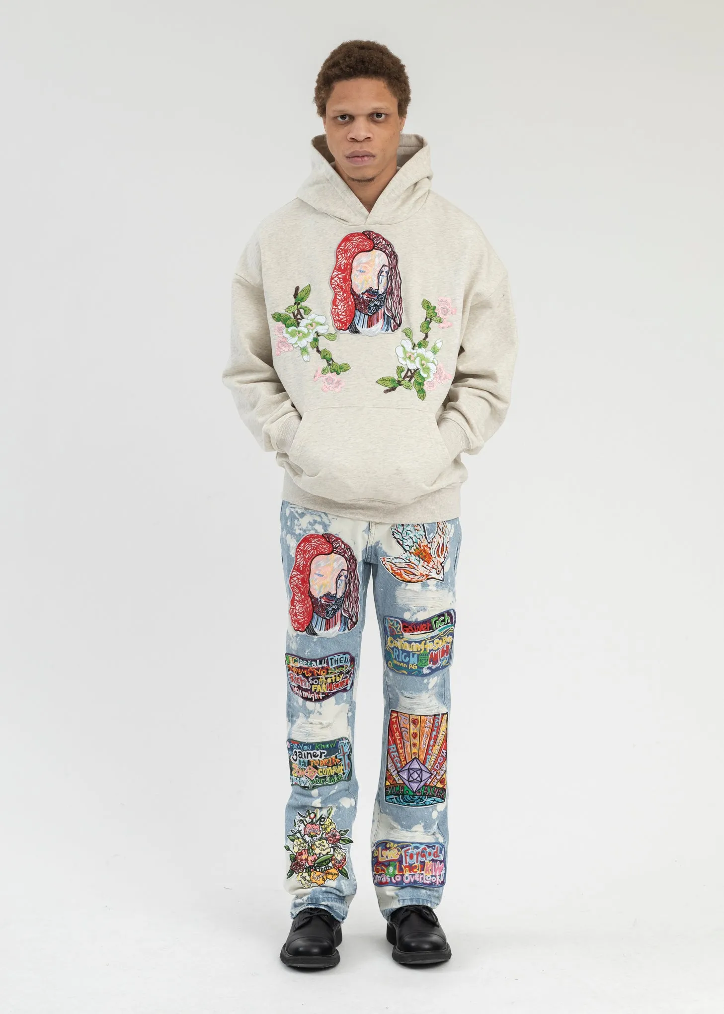 GREY EMBROIDERY PATCHWORK  HOODIES