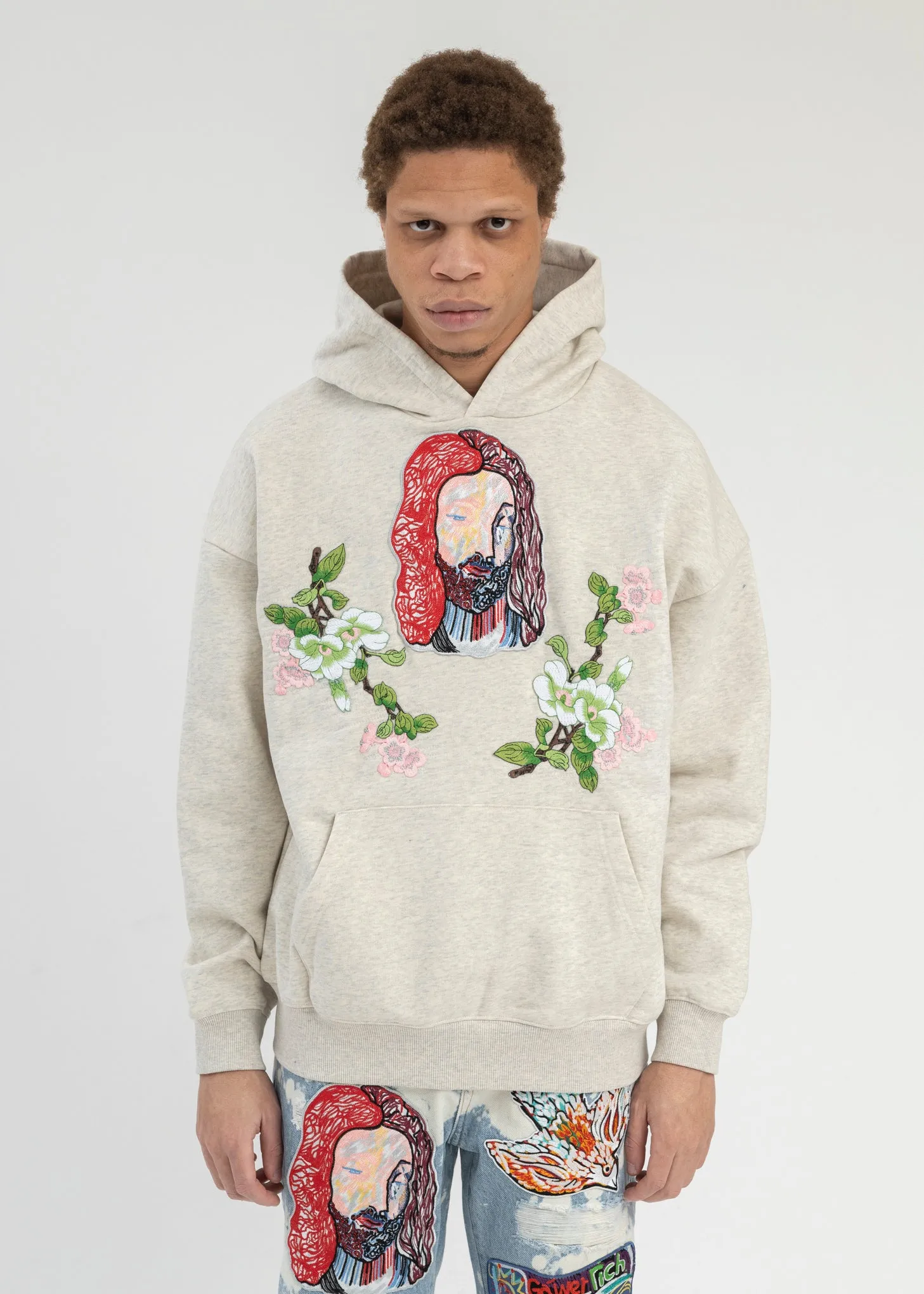 GREY EMBROIDERY PATCHWORK  HOODIES
