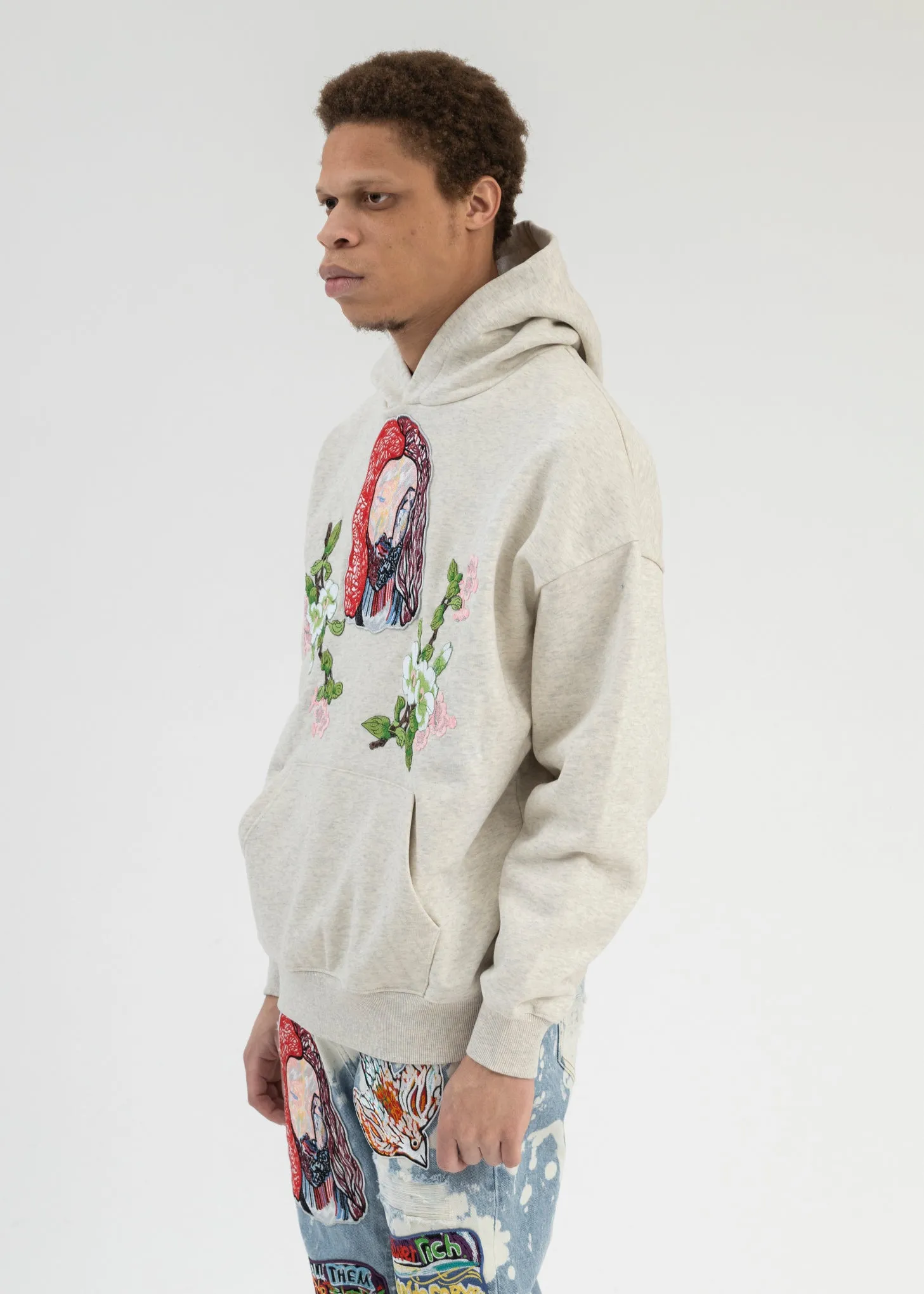 GREY EMBROIDERY PATCHWORK  HOODIES