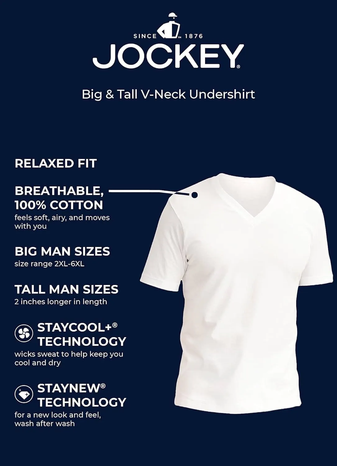 Jockey Men's Undershirt Big & Tall Classic V-Neck Undershirt - 12 Pack