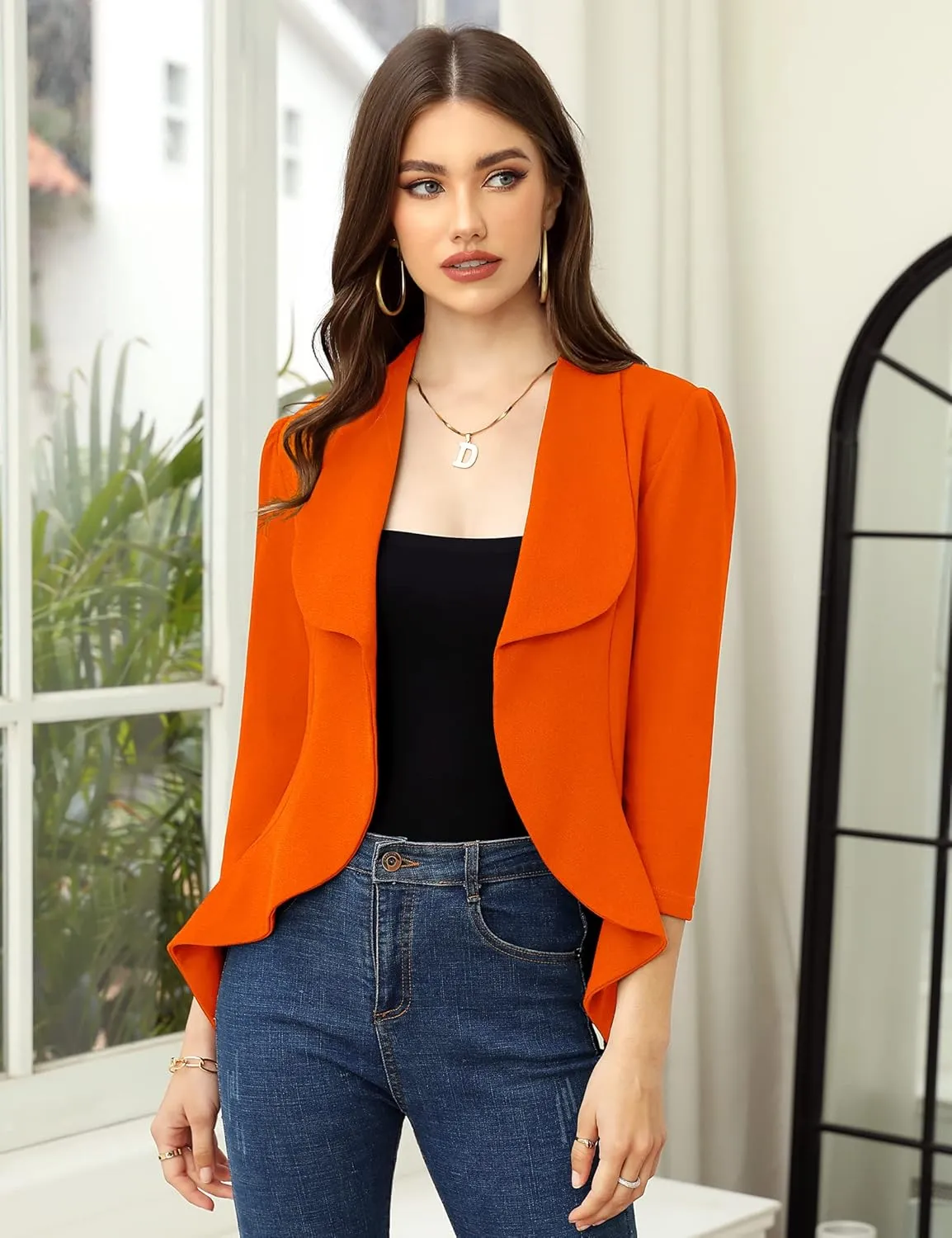 KOJOOIN Women's Business Casual Blazer 3/4 Sleeve Dressy Open Front Work Office Cardigan Cropped Suit Jacket