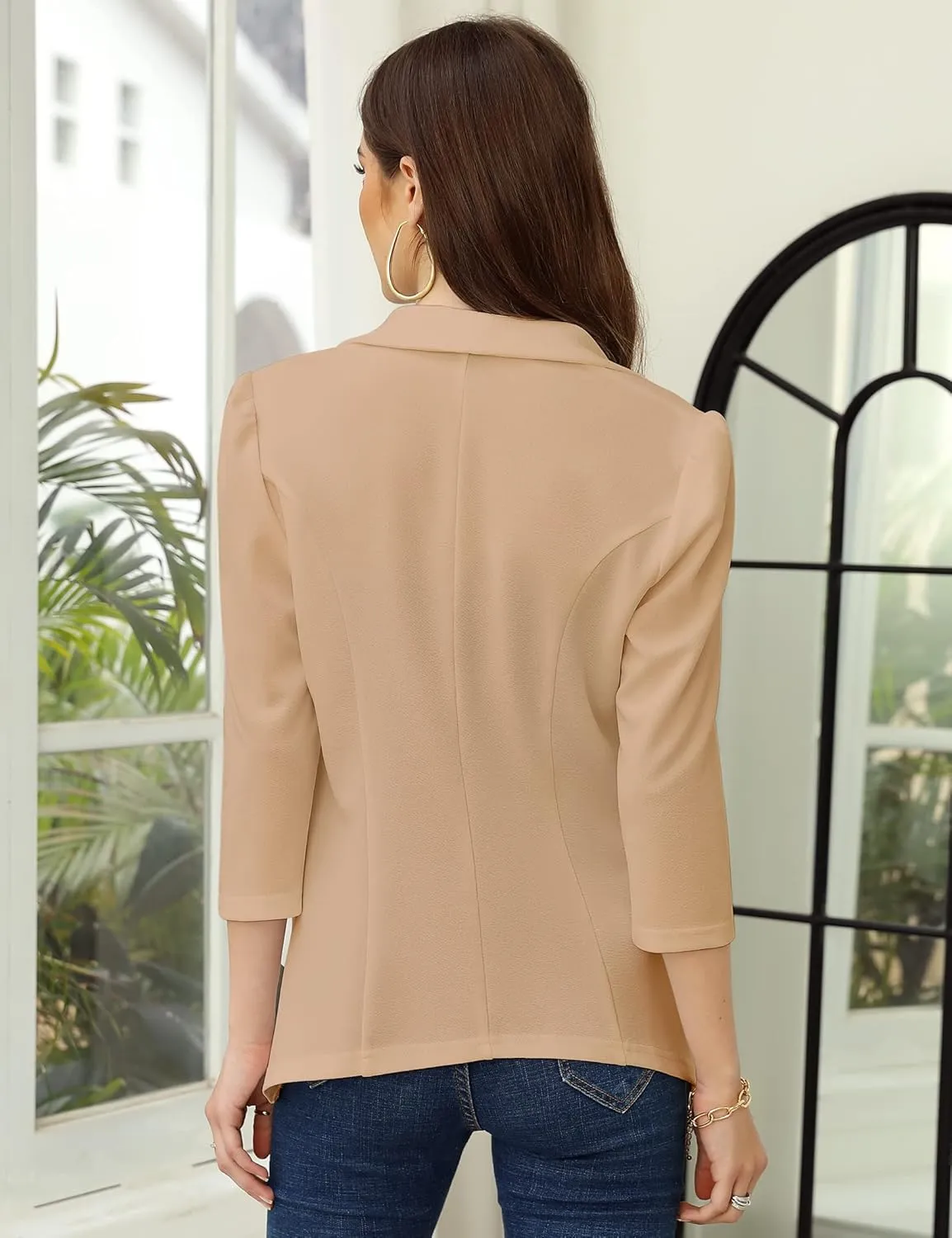 KOJOOIN Women's Business Casual Blazer 3/4 Sleeve Dressy Open Front Work Office Cardigan Cropped Suit Jacket