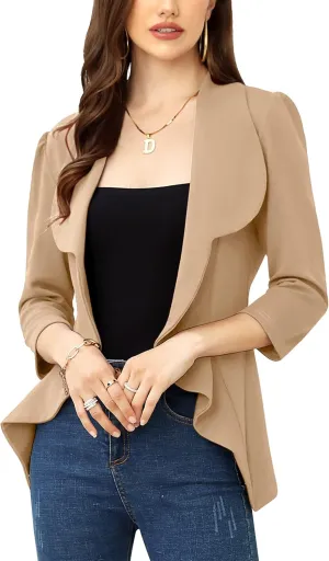 KOJOOIN Women's Business Casual Blazer 3/4 Sleeve Dressy Open Front Work Office Cardigan Cropped Suit Jacket