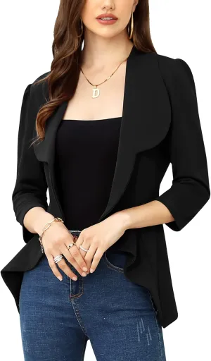 KOJOOIN Women's Business Casual Blazer 3/4 Sleeve Dressy Open Front Work Office Cardigan Cropped Suit Jacket