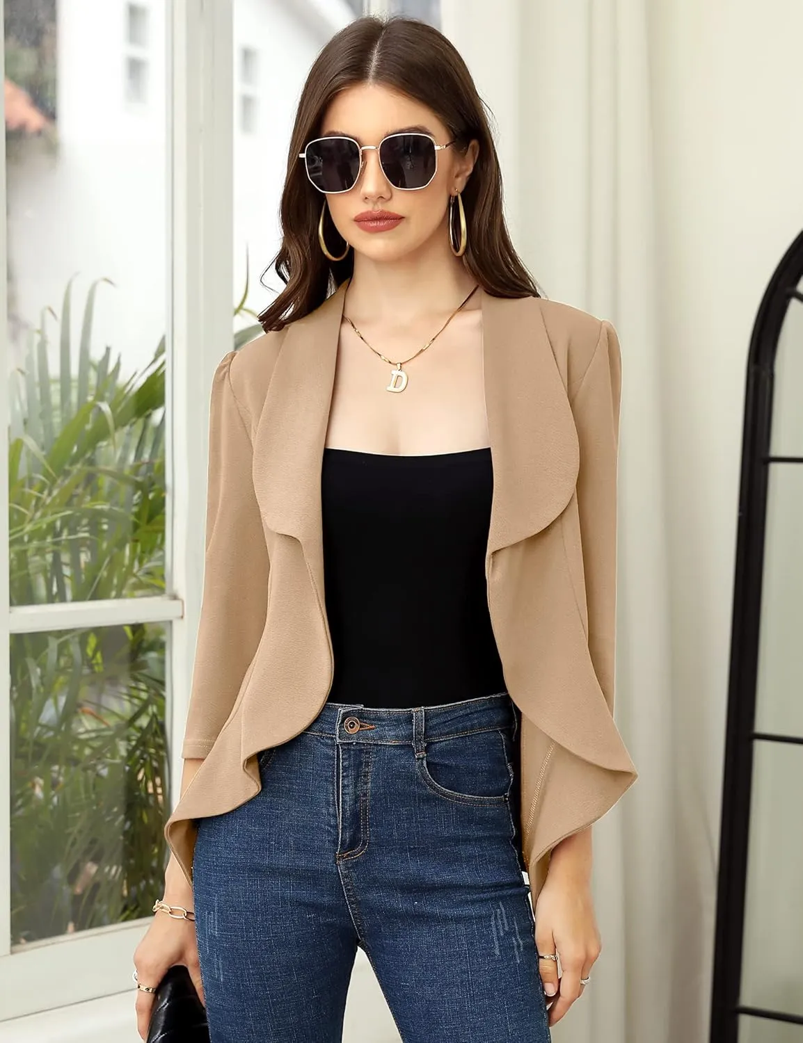 KOJOOIN Women's Business Casual Blazer 3/4 Sleeve Dressy Open Front Work Office Cardigan Cropped Suit Jacket